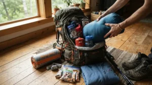 Packing a tent fan vs clip-on fan into a rucksack alongside standard hiking and camping accessories.