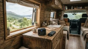 A USB-powered tent fan with light charging inside a converted campervan on a sunny morning