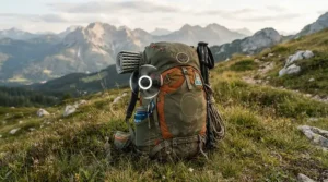 A wireless tent fan with light clipped to a backpack during a hiking trip across moorland